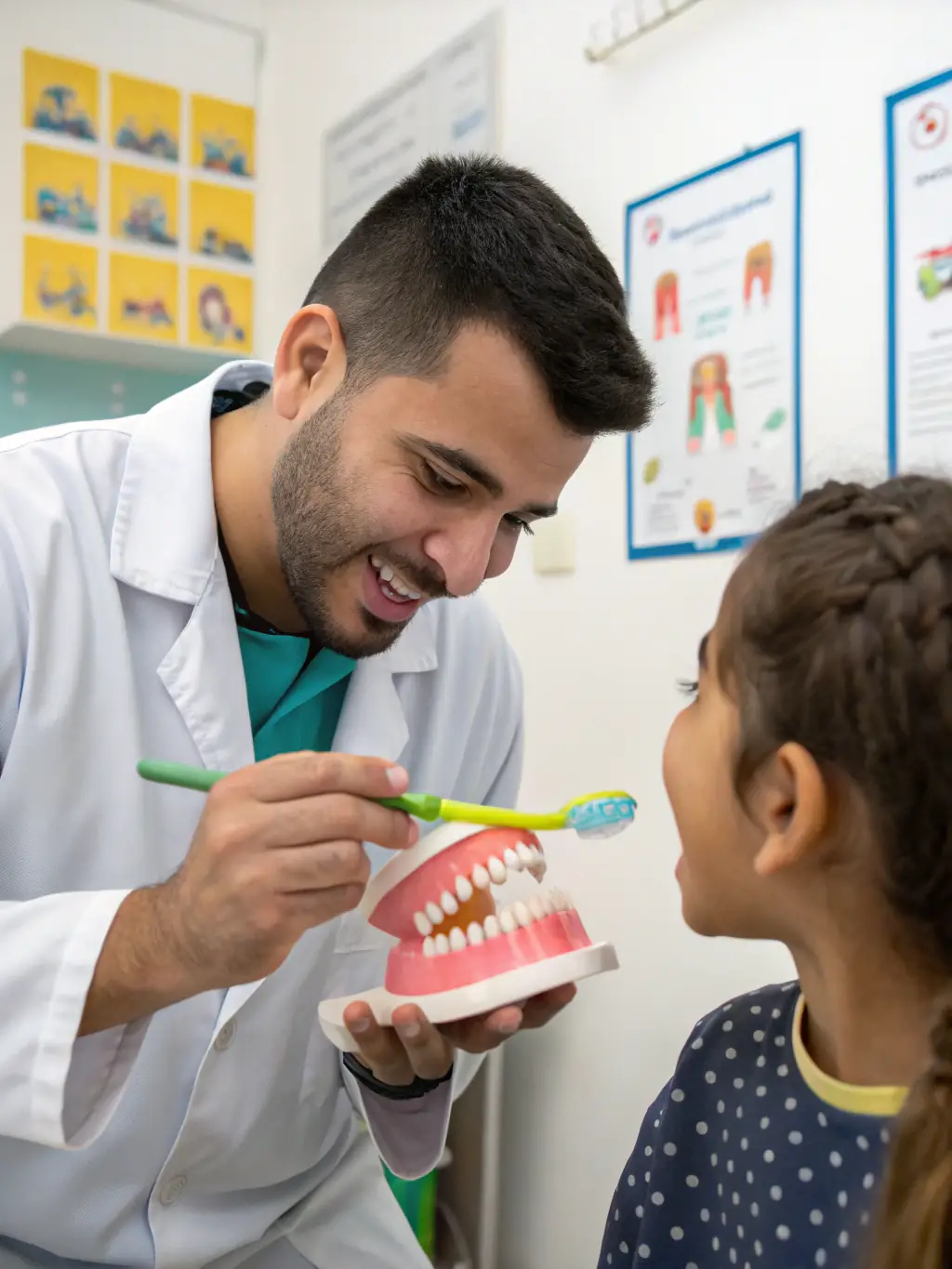 A dental hygienist in Alkmaar demonstrating proper brushing techniques to a young patient, emphasizing preventative dental care.